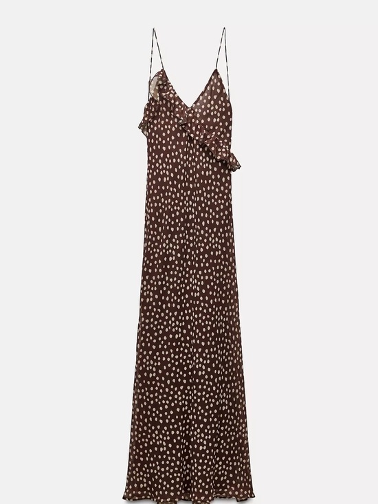 Zara Dresses & Skirts - Zara Brown Maxi Slip Dress with Cream Polka Dots